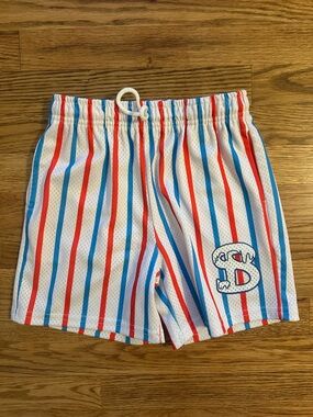BKTSQD Kids Red & Blue Striped Casual Basketball Shorts - New.  Sz YL